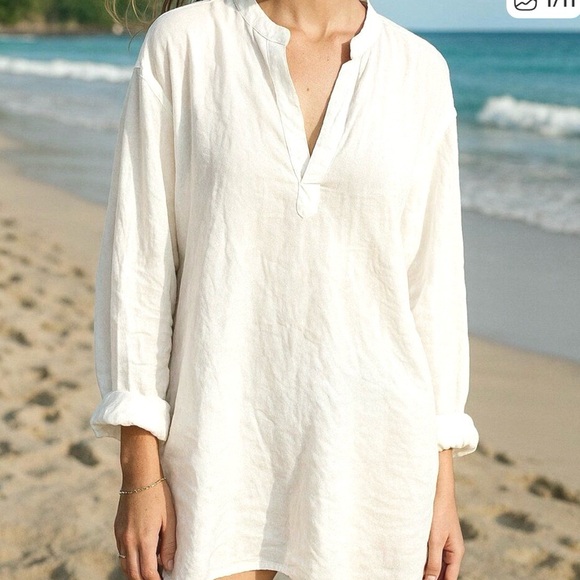 Perry Ellis Tops - Perry Ellis 100% Linen Tunic Top Long Sleeves White Breezy Sz L